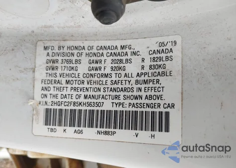 2019 Honda Civic Sport из США, поврежденный, VIN 2HGFC2F85KH563507